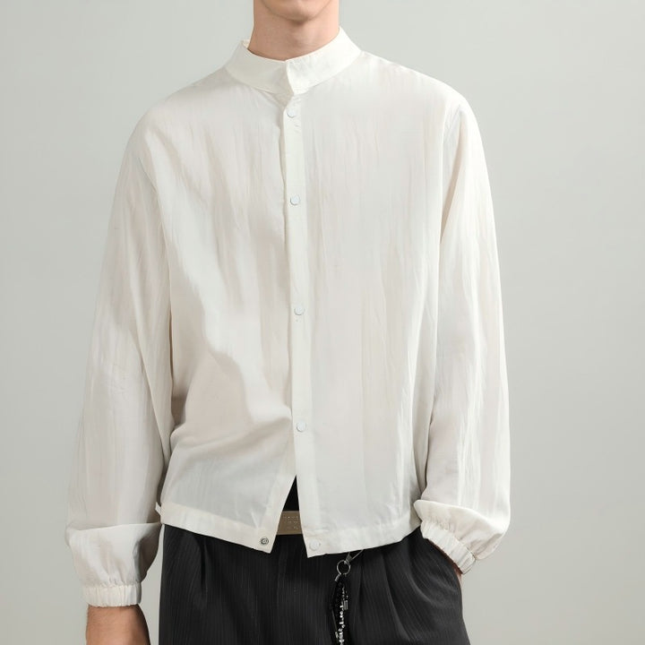 Men's Oversized Shirt with Stand Collar, Snap Button Closure, and Elastic Cuffs Mune Fashion