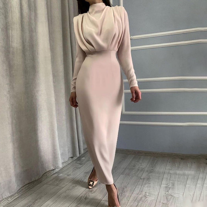 Ladies nan elegant midi dress with draped waterfall front, tailored pencil silhouette and long sleeves Mune Fashion