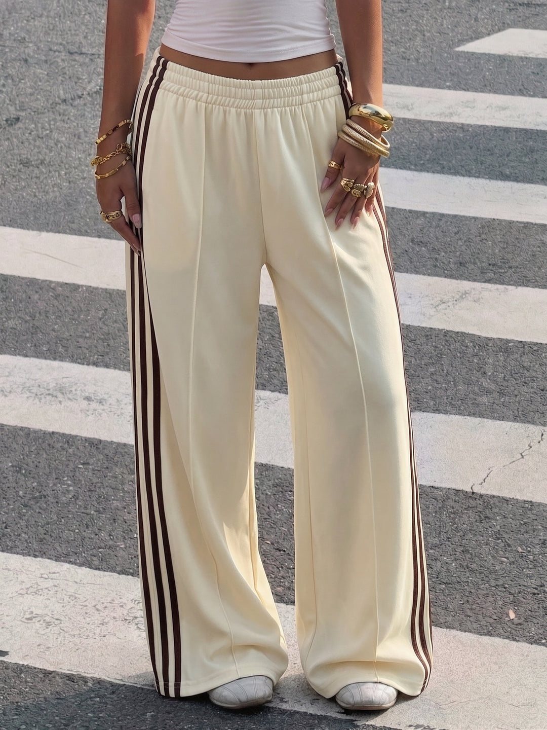 Women's Wide Training Pants with Elastic Waistband and Contrast Stripes Mune Fashion