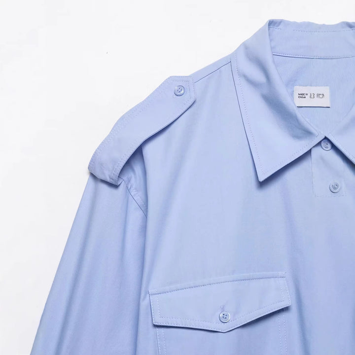 Women's Oversized Shirt Blouse with Epaulettes and Patch Chest Pockets Mune Fashion