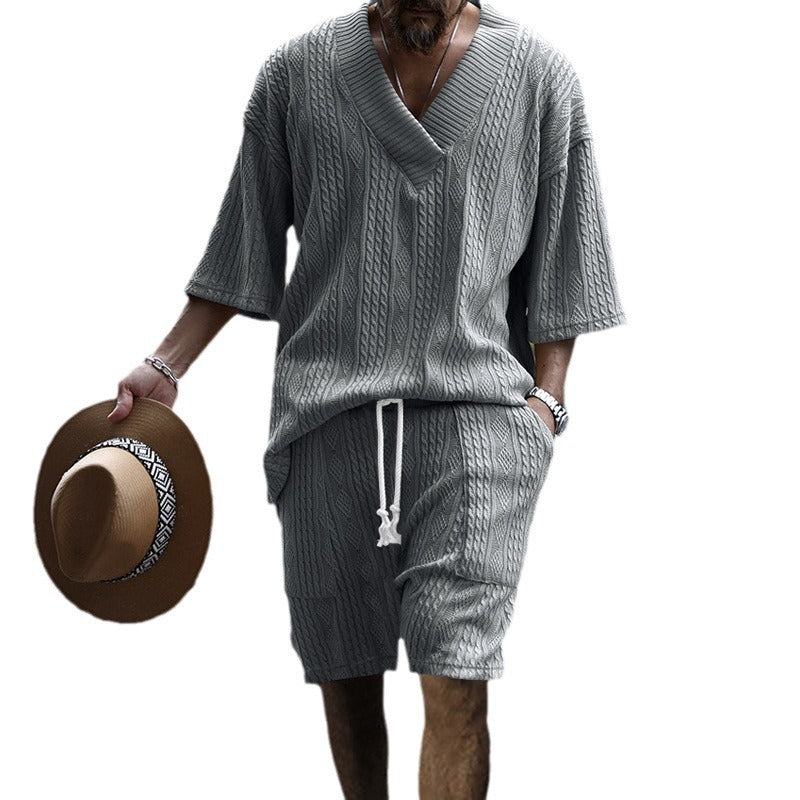 Men's casual structured knit set with deep V-neck boxy short sleeve sweater and drawstring shorts Mune Fashion