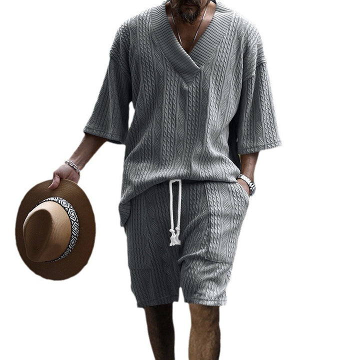 Men's casual structured knit set with deep V-neck boxy short sleeve sweater and drawstring shorts Mune Fashion