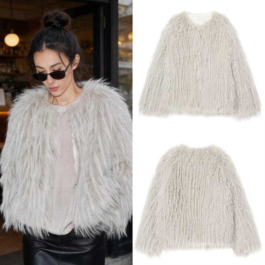 Women's Faux Fur Coat with Long Shaggy Fur and Round Neckline Mune Fashion