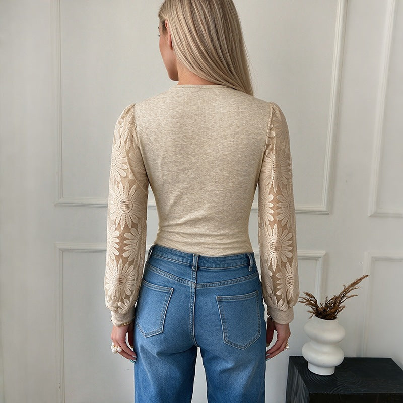 Women's Figure-Hugging Lace Bodysuit with V-Neck, Embroidered Mesh Sleeves, and Tailored Cut Mune Fashion