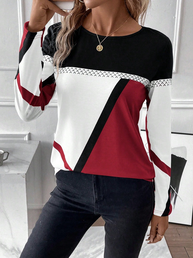 Women's Long Sleeve Shirt with Graphic Colorblock Design and Round Neck Mune Fashion
