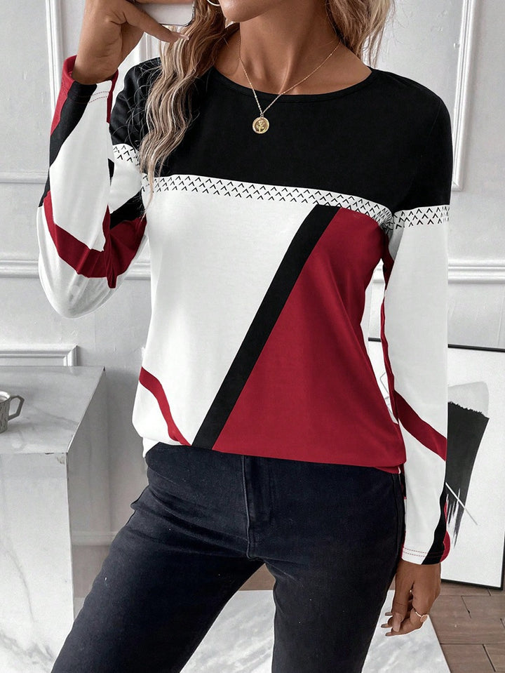 Women's Long Sleeve Shirt with Graphic Colorblock Design and Round Neck Mune Fashion