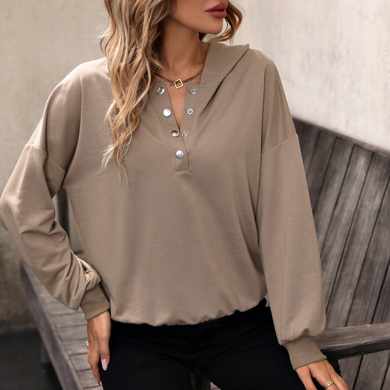 Women’s Hooded Henley Pullover with Snap Placket, Drop Shoulder and Ribbed Hem Mune Fashion
