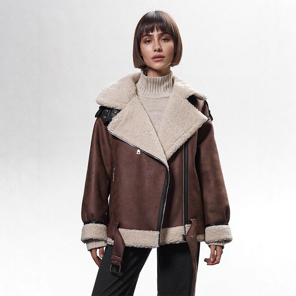 Women's Oversized Biker Jacket with Teddy Fur Lining and Adjustable Belts Mune Fashion