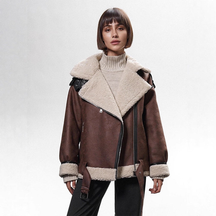 Women's Oversized Biker Jacket with Teddy Fur Lining and Adjustable Belts Mune Fashion