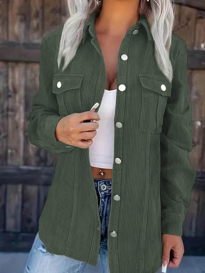 Women's Longline Cord Shirt Jacket with Chest Flaps and Snap Button Placket Mune Fashion