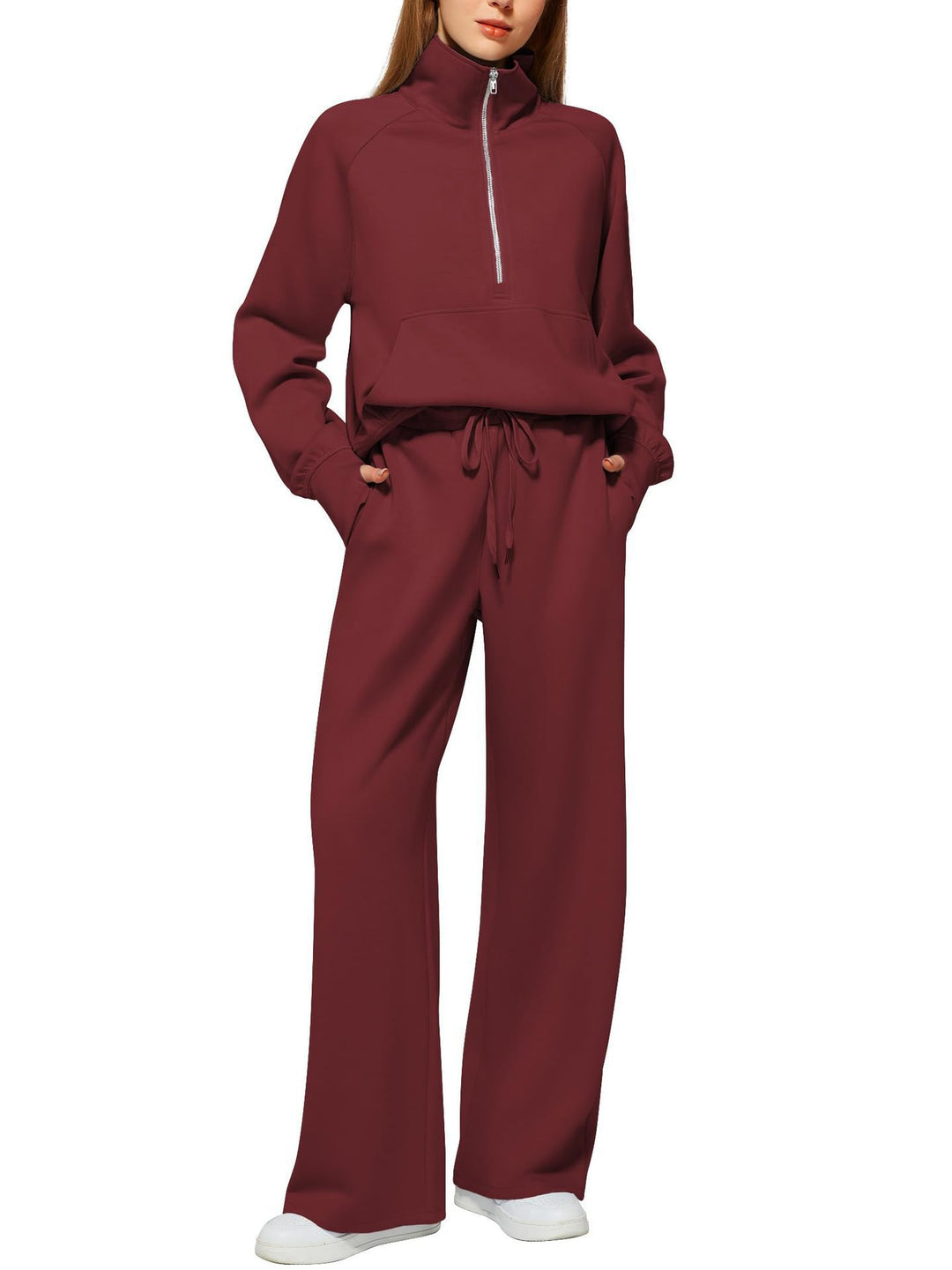 Women half-zip lounge set with high stand-up collar, kangaroo pocket and wide high-waist joggers Mune Fashion