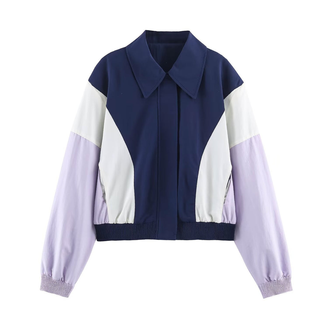 Women’s Cropped Colorblock Bomber Jacket with Oversized Shirt Collar and Elastic Hem