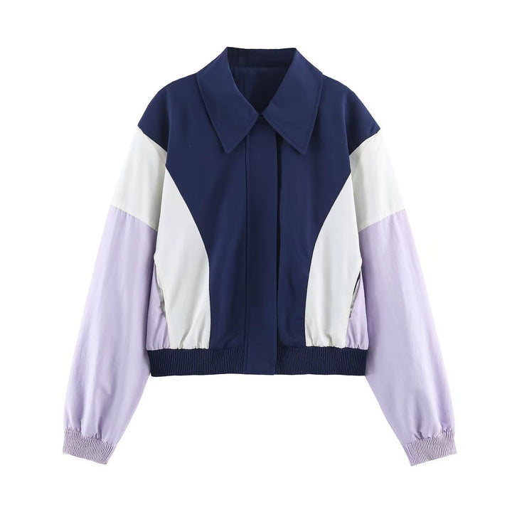 Women’s Cropped Colorblock Bomber Jacket with Oversized Shirt Collar and Elastic Hem