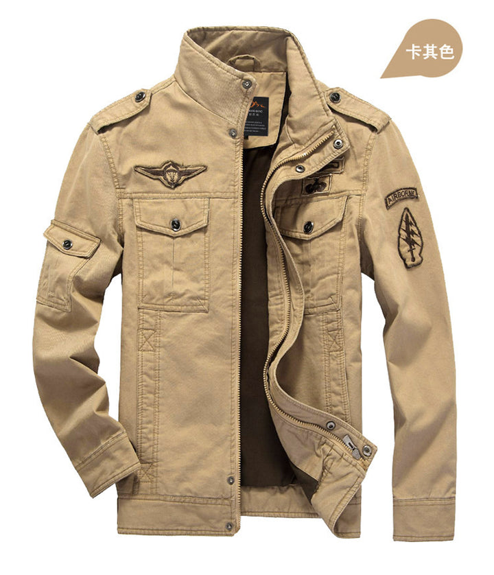 Men's canvas field jacket in military utility style with stand-up collar, epaulettes, and multifunctional pockets Mune Fashion