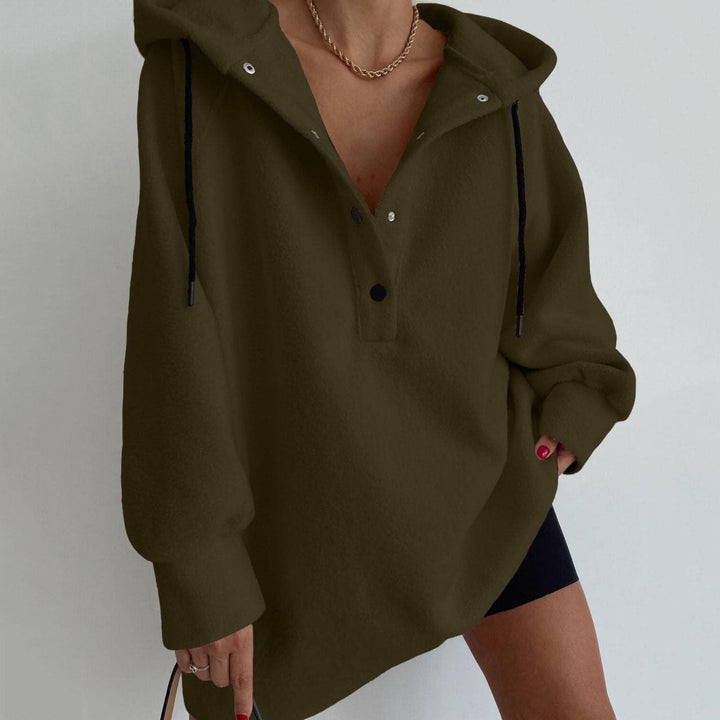 Women's cozy hooded fleece tunic sweatshirt with snap button placket and dropped shoulder Mune Fashion