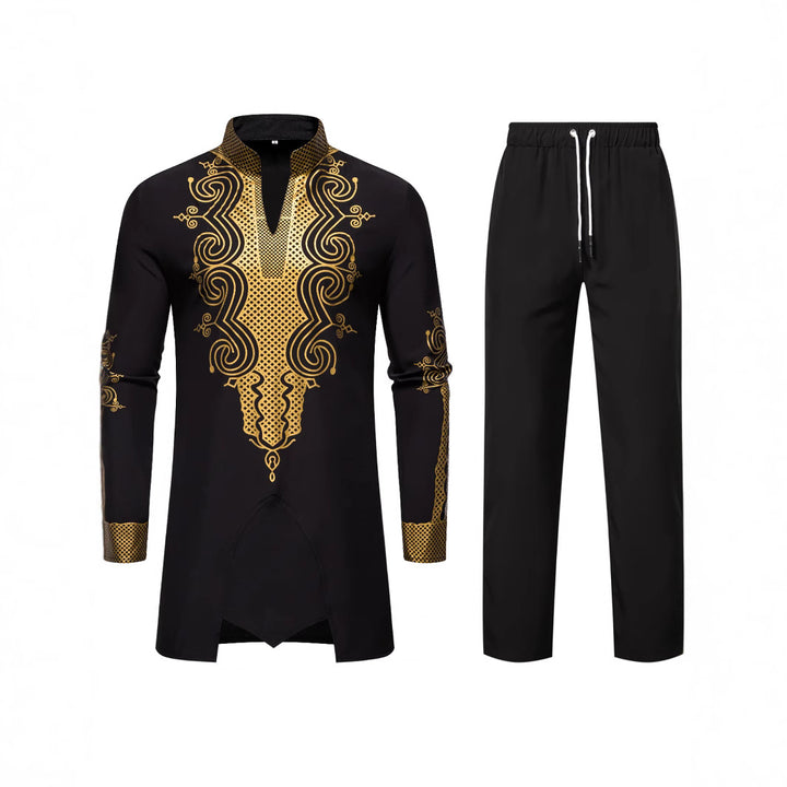 Men's Traditional Embroidered Tunic Set with Mandarin Collar and Elastic Pants Mune Fashion
