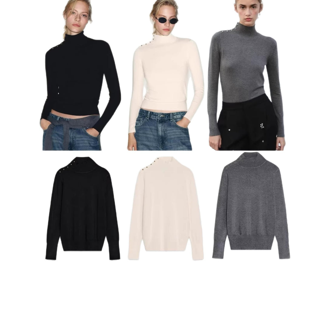 Women's fine knit roll neck with stand-up collar and decorative shoulder button placket Mune Fashion