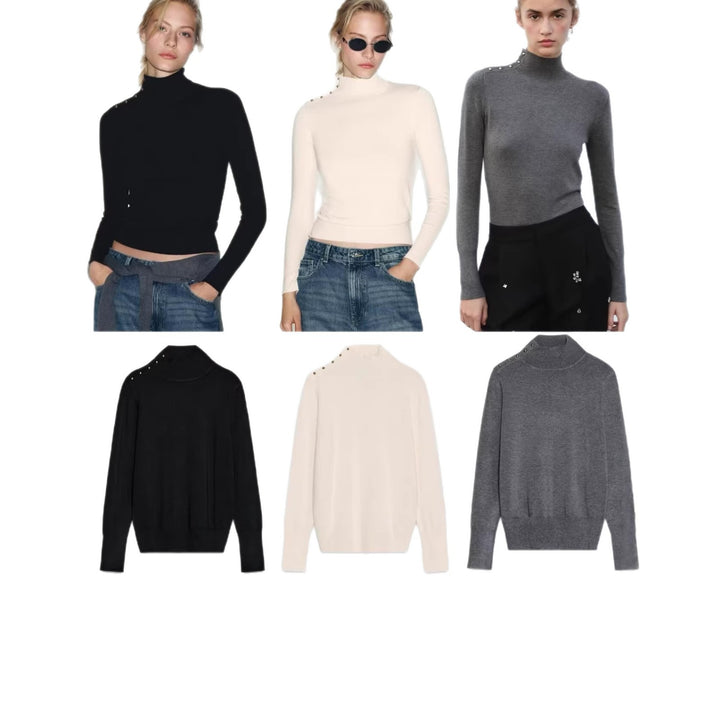 Women's fine knit roll neck with stand-up collar and decorative shoulder button placket Mune Fashion