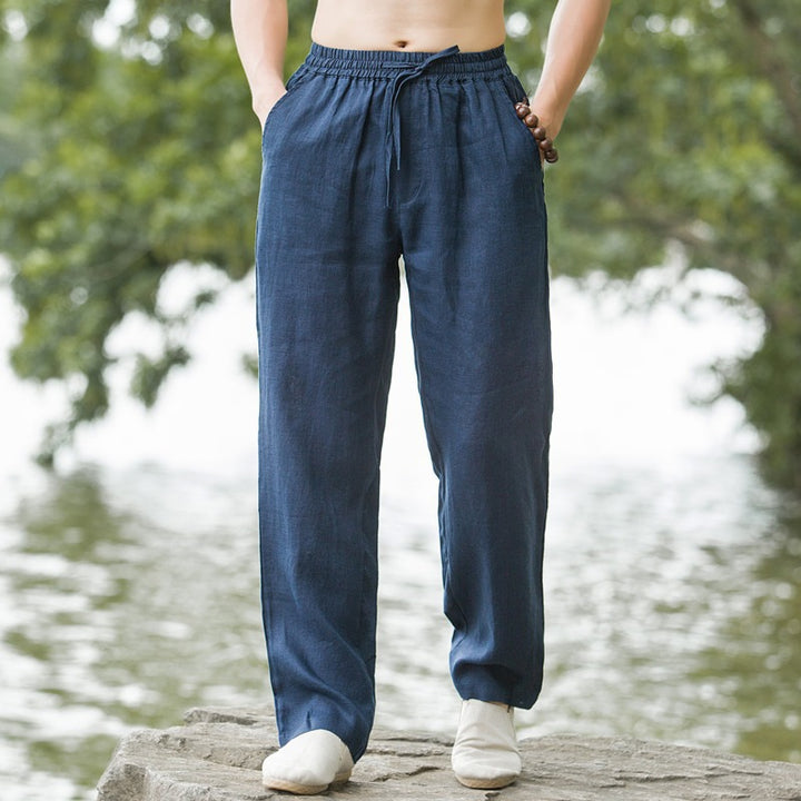 Men's light linen pants with elastic waistband, wide leg, and side pockets Mune Fashion
