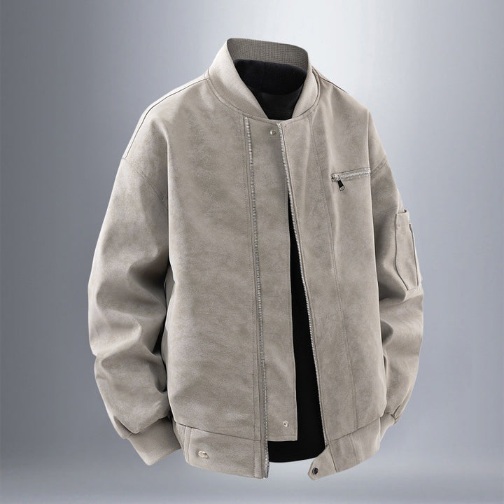 Men's Suede Look Bomber Jacket with Full Zip, Rib Collar and Utility Pockets Mune Fashion