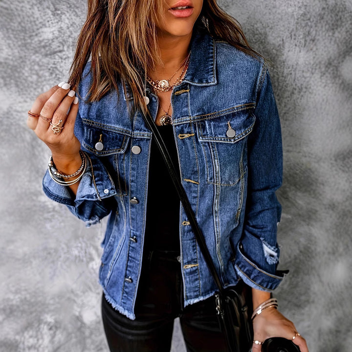 Ladies short cut denim jacket in trucker style with fringe detailing Mune Fashion