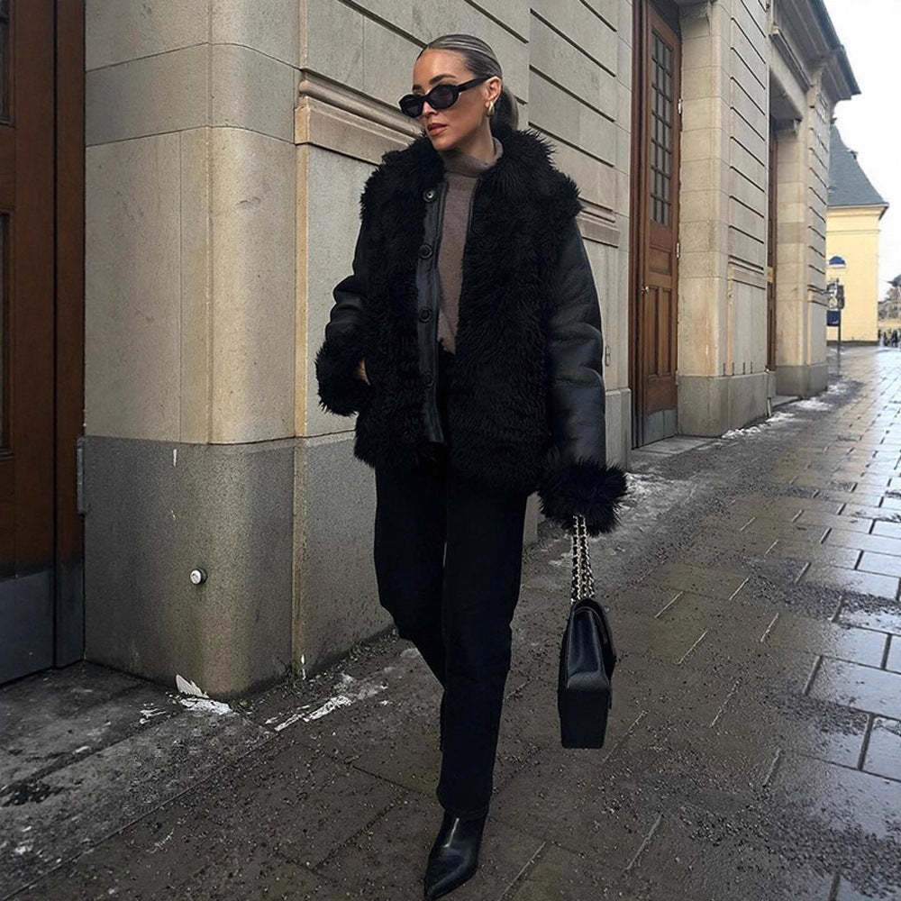 Women's Oversized Faux Leather Aviator Style Coat with Voluminous Faux Fur Collar and Teddy Cuffs Mune Fashion