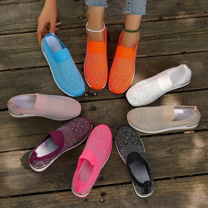 Women's knit slip-on sneakers with sparkling rhinestone trim, elastic entry, and cushioned platform sole Mune Fashion