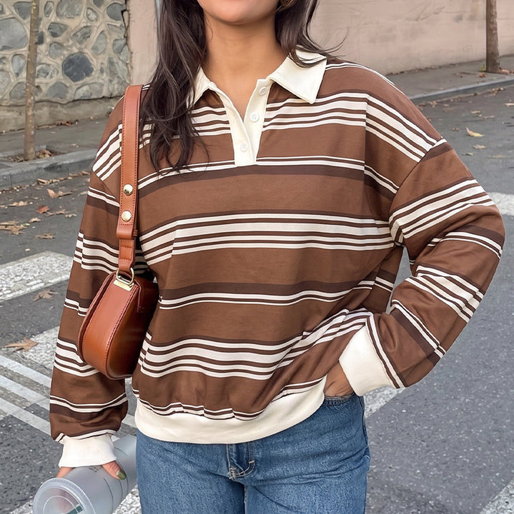 Women Casual Polo Sweater with Stripes Mune Fashion