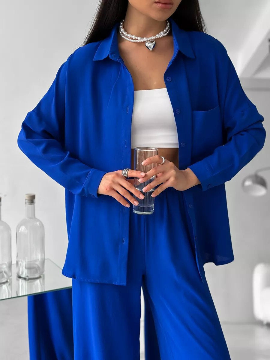 Women Two-Piece Lounge Set Oversize Blouse with Chest Pocket and Wide Palazzo Pants Mune Fashion