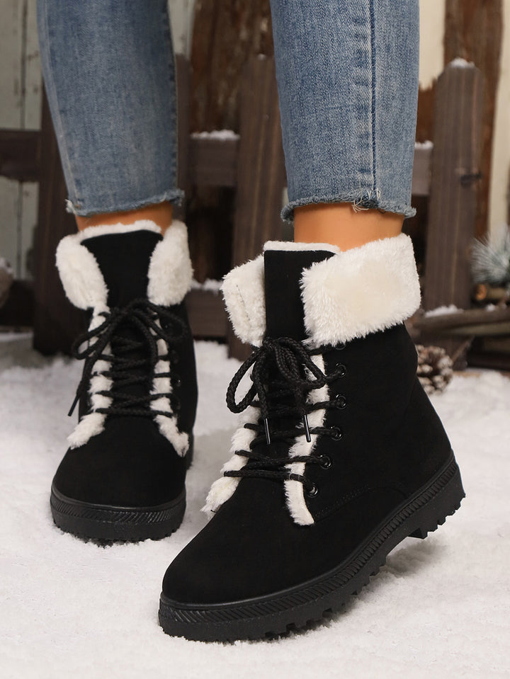Women's Insulated Lace-Up Boots with Faux Fur Collar and Sturdy Tread Sole Mune Fashion