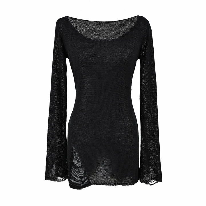 Women's fine knit tunic with bateau neckline, figure-hugging and bell sleeves Mune Fashion