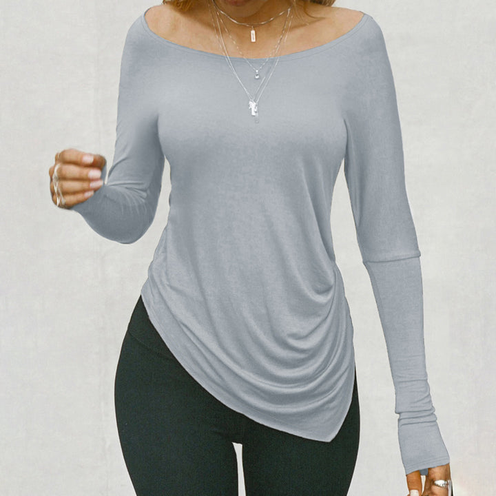 Women's asymmetrical long sleeve shirt with boat neckline, side gathering and angled hem Mune Fashion