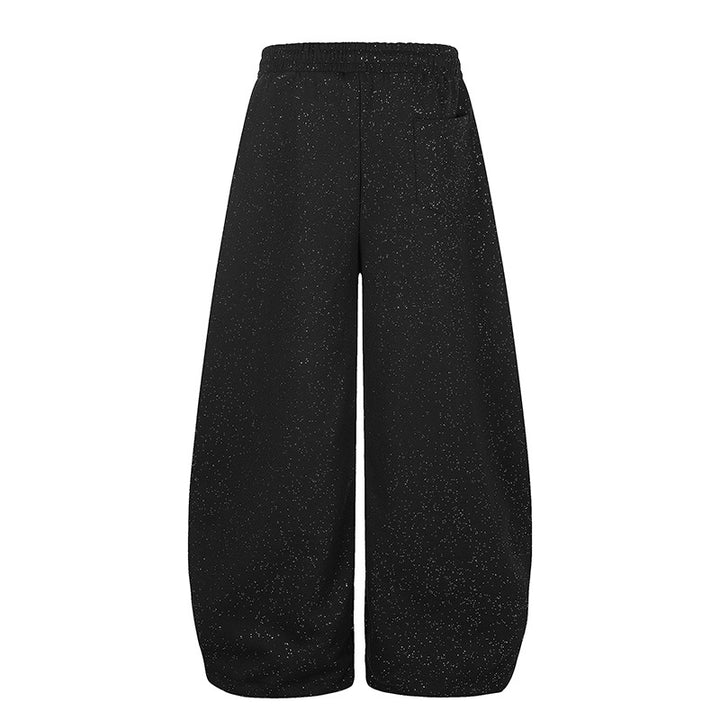Women's Extra Wide Palazzo Sweatpants in Glitter Nep with Elastic Waistband, Drawstring and Star Script Print Mune Fashion