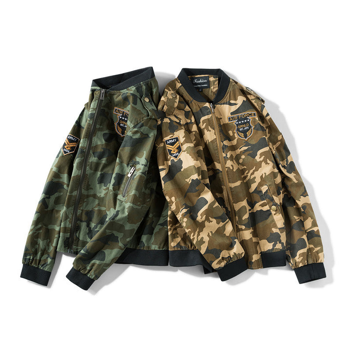 Men's Camouflage Bomber Jacket in Military Style with Patch Applications, Arm Pocket and Ribbed Cuffs Mune Fashion