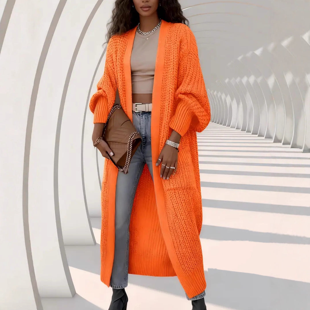 Women Long Open Chunky Knit Coat Cardigan with Braided Structure and Dropped Shoulder Mune Fashion
