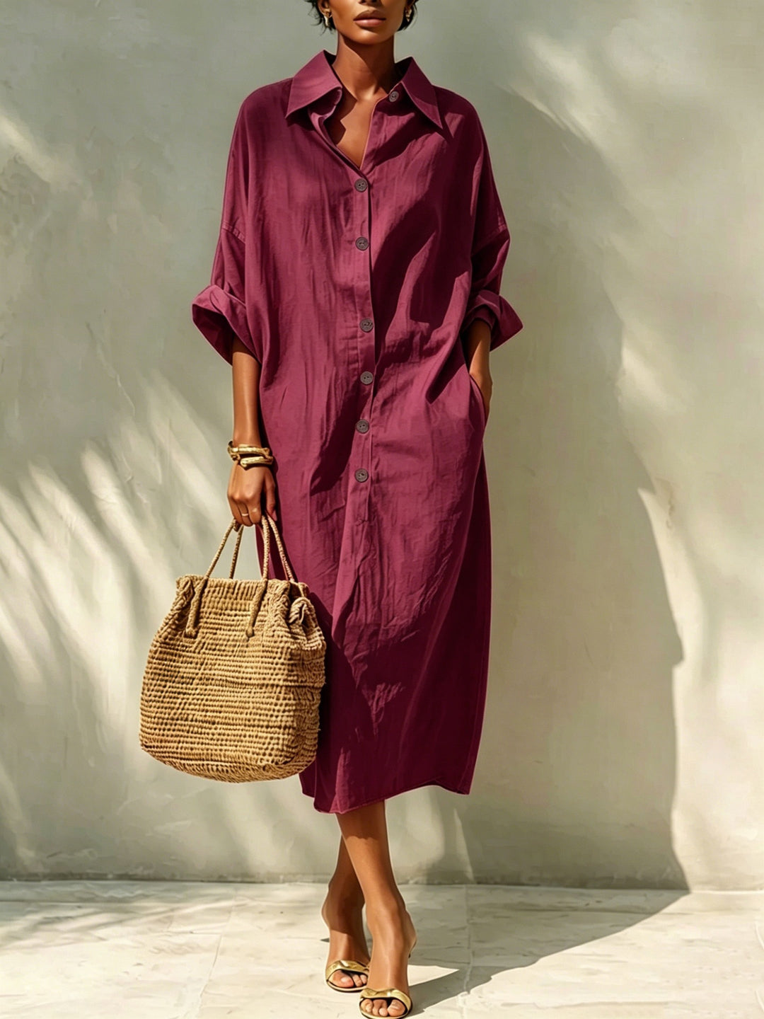 Women's Long Oversized Shirt Dress with Kent Collar and Continuous Button Placket Drune
