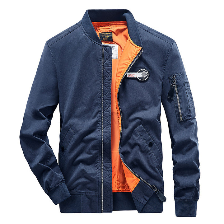 Men's pilot style bomber jacket with contrast color lining, arm pocket, and ribbed hem Mune Fashion