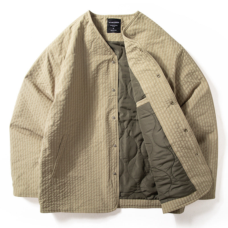 Men's quilted jacket without a collar with snap button closure and side insert pockets Mune Fashion