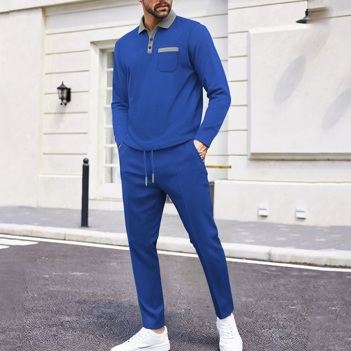 Men's travel set made of structured jersey with long sleeve polo shirt, chest pocket, and slim fit drawstring pants Mune Fashion