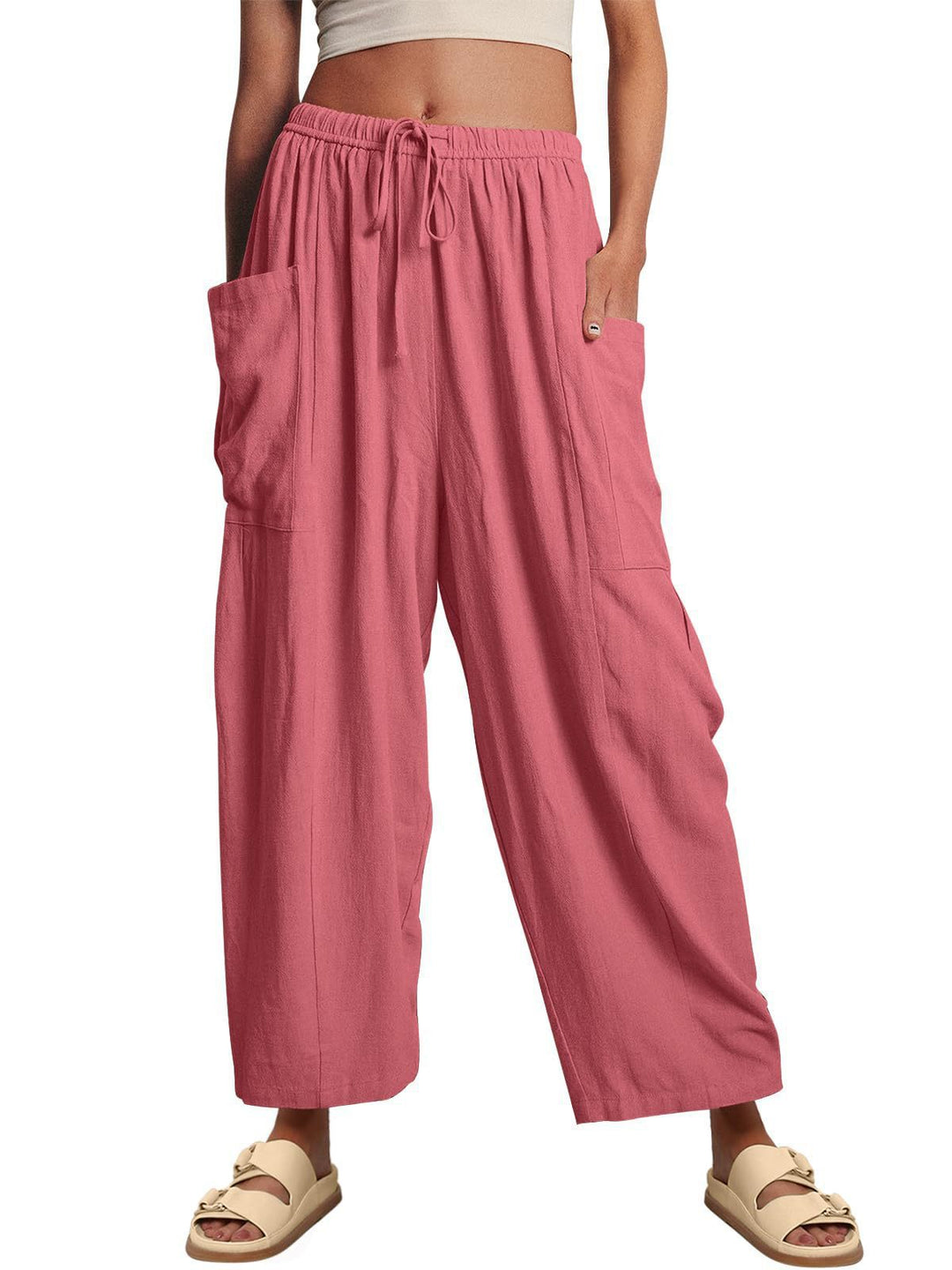 Women's wide palazzo pants made from a lightweight linen blend with drawstring and side pocket Mune Fashion