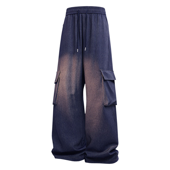 Women's Loose Denim Cargo Pants in Baggy Style with Elastic Waistband, Drawstring and Patch Flap Pockets Mune Fashion