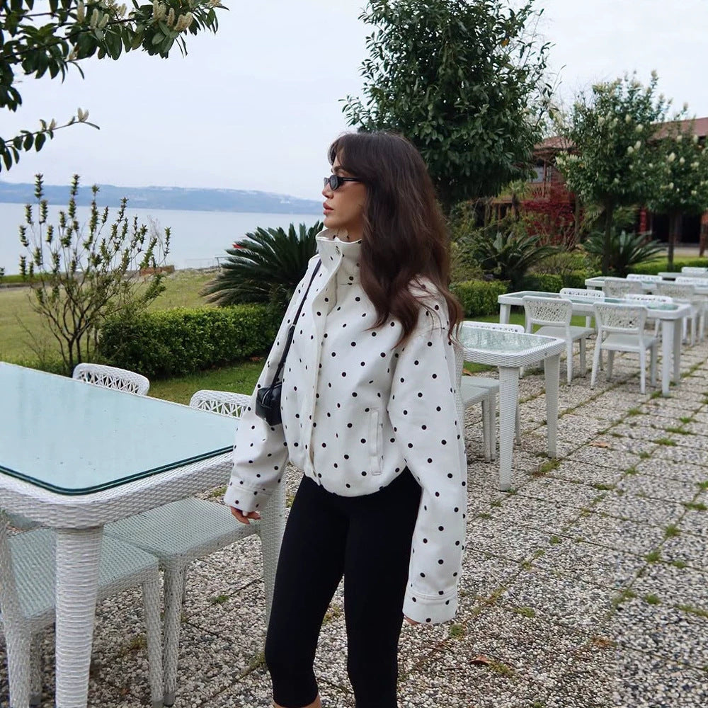 Women's Oversize Blouson with Stand-Up Collar and Polka Dot Print Mune Fashion