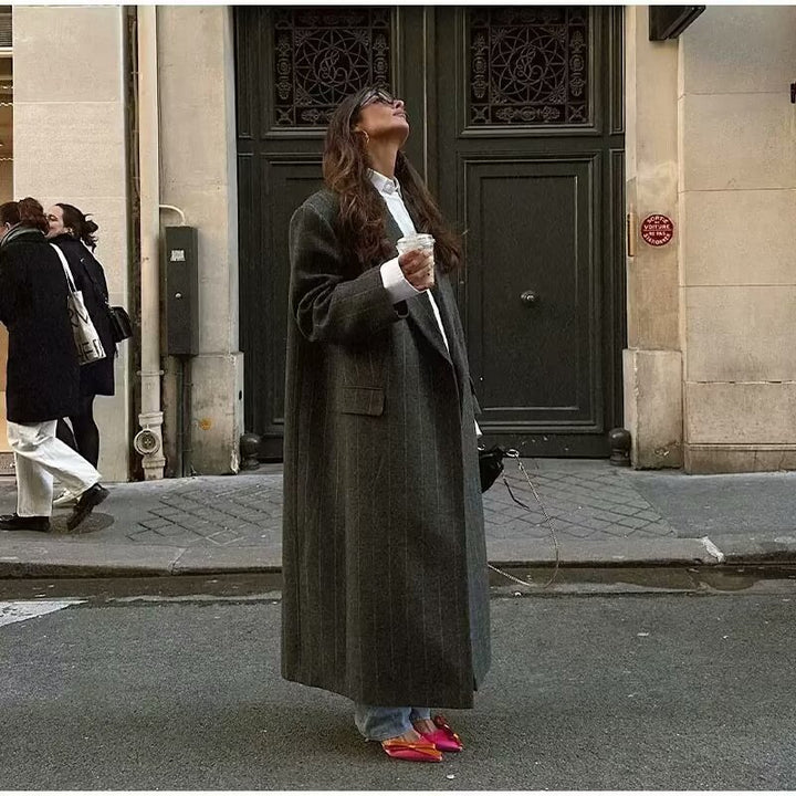 Women's long double-breasted coat in pinstripe look with large lapels and flap pockets Mune Fashion