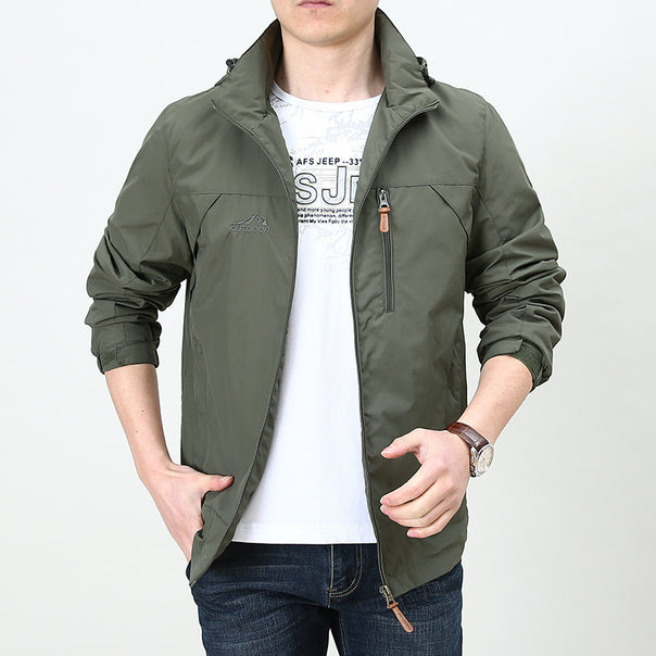 Men's Lightweight Windproof Nylon Blouson with Stand Collar and Chest Zipper Pocket Mune Fashion