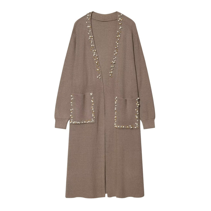 Ladies long knitted cardigan with pearl detailing Mune Fashion