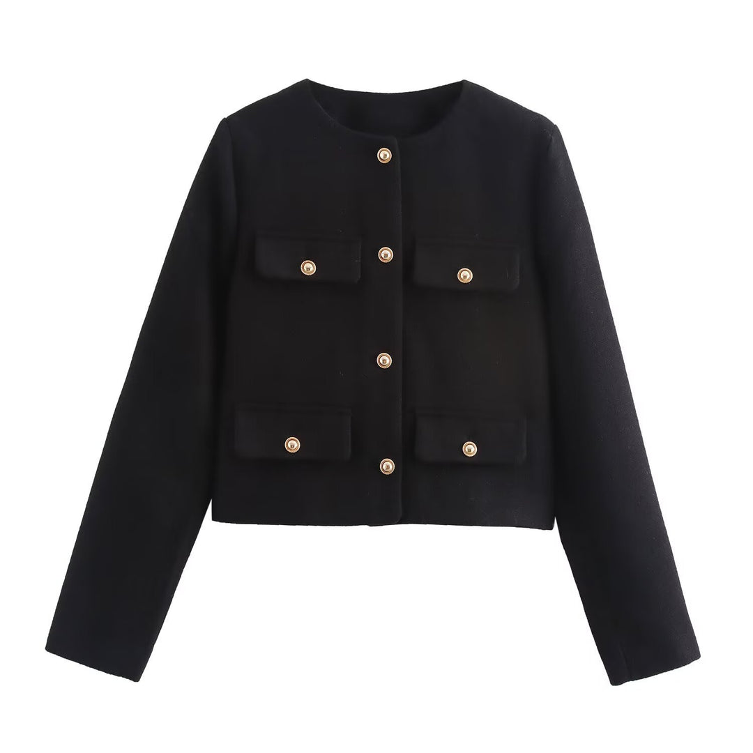 Women Short Boucle Blazer Jacket with Round Neck, Decorative Pocket Flaps, and Gold-Colored Buttons Mune Fashion