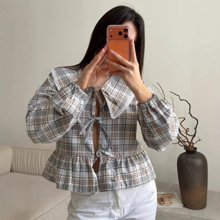 Women's Checked Ruffle Blouse with Oversized Lace Collar and Ties Mune Fashion