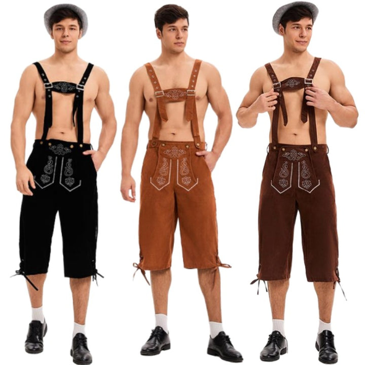 Men's knee-length traditional leather shorts with embroidered bib and adjustable straps Mune Fashion