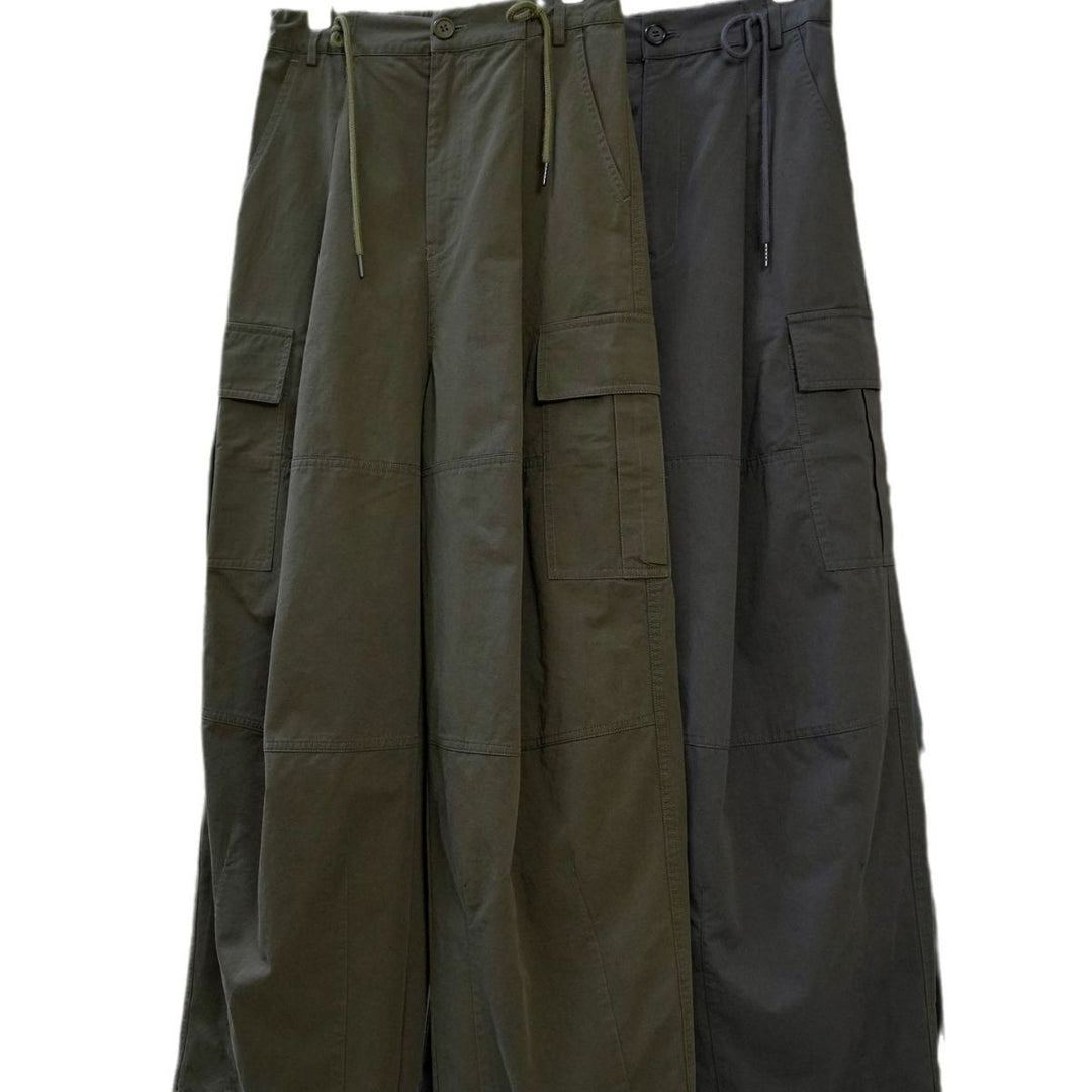 Women's Wide High-Waist Cargo Palazzo Pants with Drawstring Waistband and Patch Pockets Mune Fashion