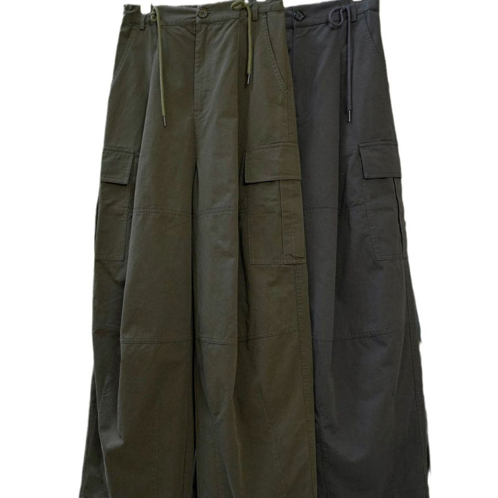 Women's Wide High-Waist Cargo Palazzo Pants with Drawstring Waistband and Patch Pockets Mune Fashion